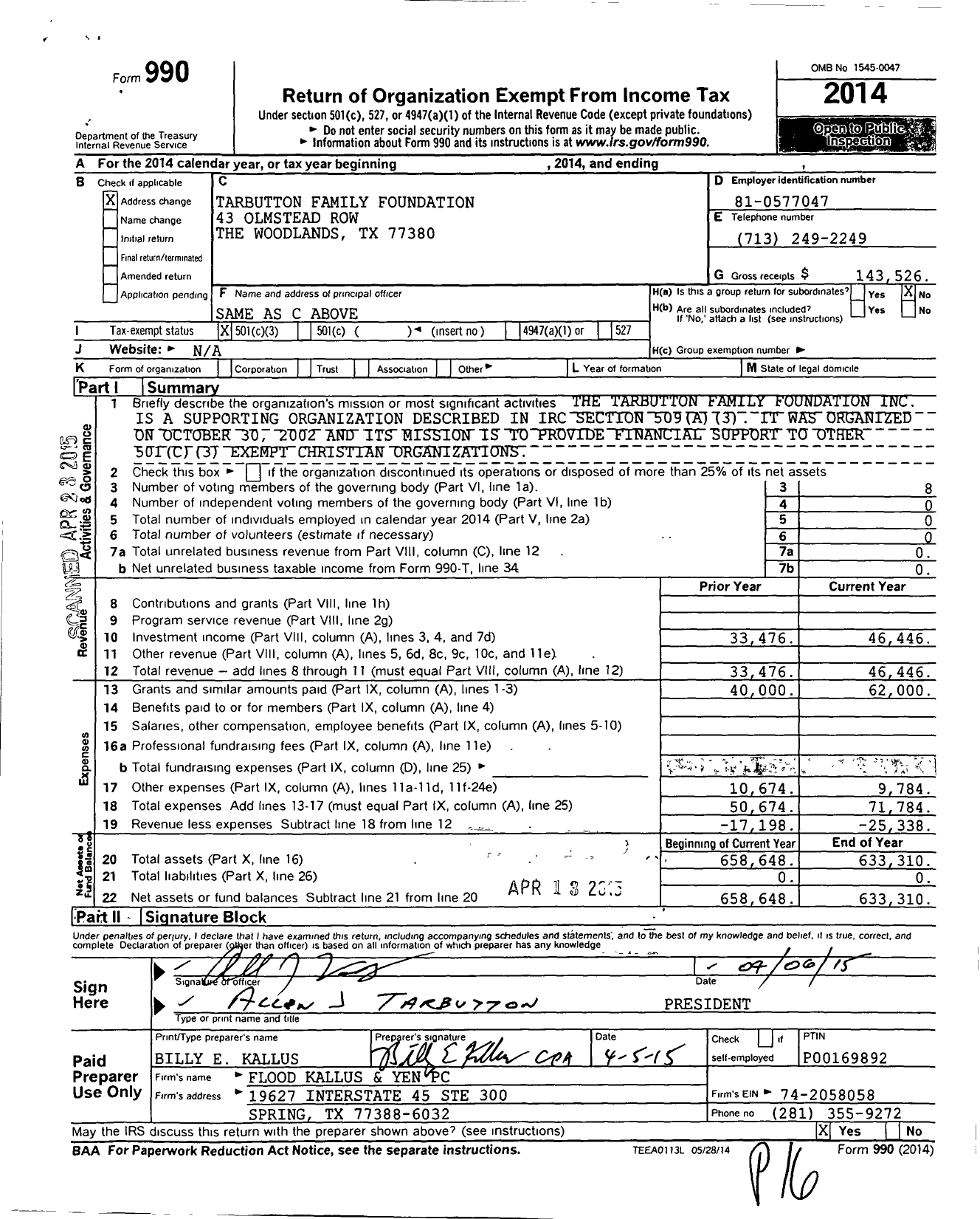 Image of first page of 2014 Form 990 for Tarbutton Family Foundation