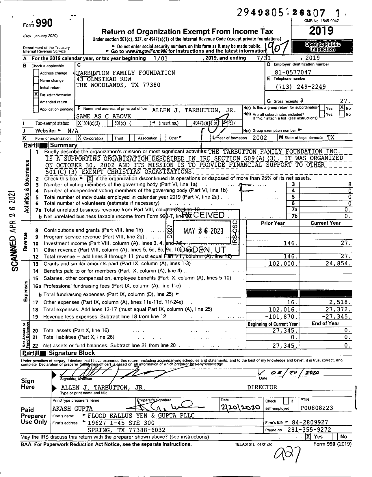 Image of first page of 2018 Form 990 for Tarbutton Family Foundation