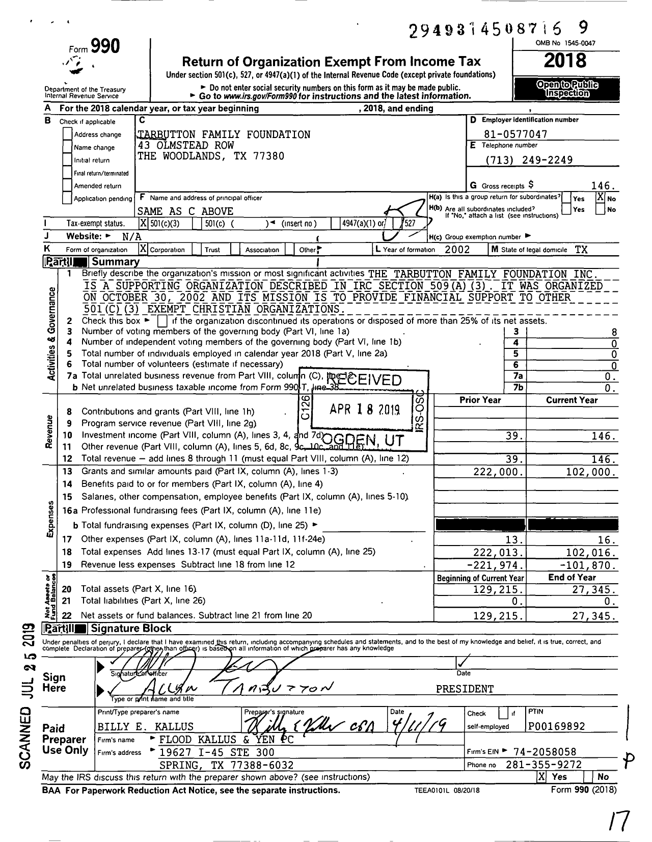 Image of first page of 2018 Form 990 for Tarbutton Family Foundation