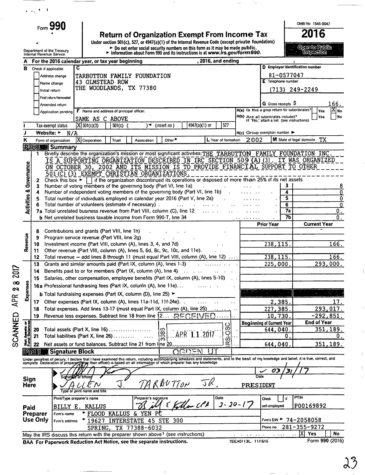 Image of first page of 2016 Form 990 for Tarbutton Family Foundation