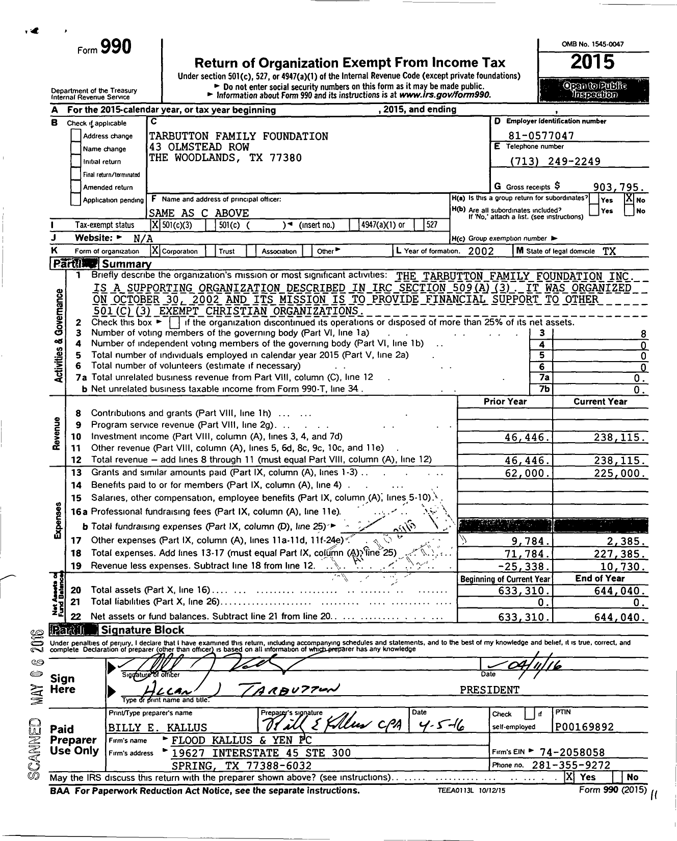 Image of first page of 2015 Form 990 for Tarbutton Family Foundation