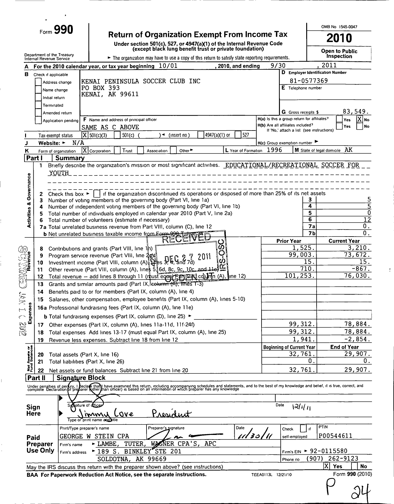 Image of first page of 2010 Form 990 for Kenai Peninsula Soccer Club