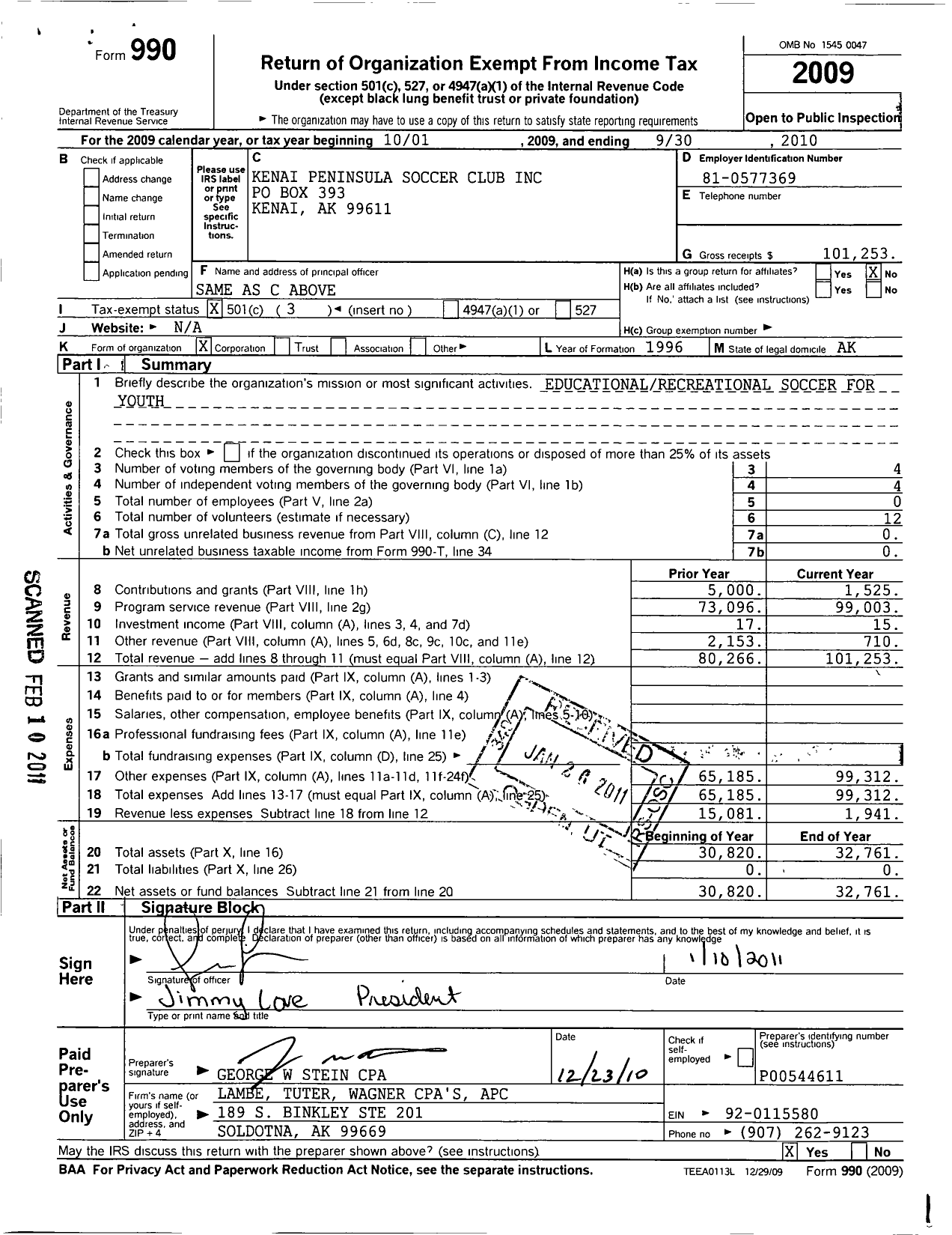 Image of first page of 2009 Form 990 for Kenai Peninsula Soccer Club