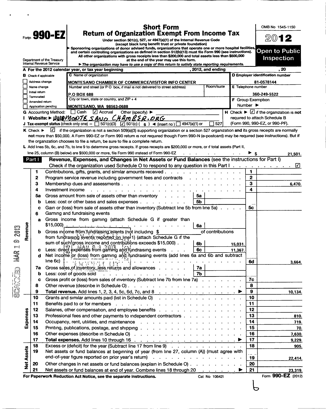 Image of first page of 2012 Form 990EO for Montesano Chamber of Commerce