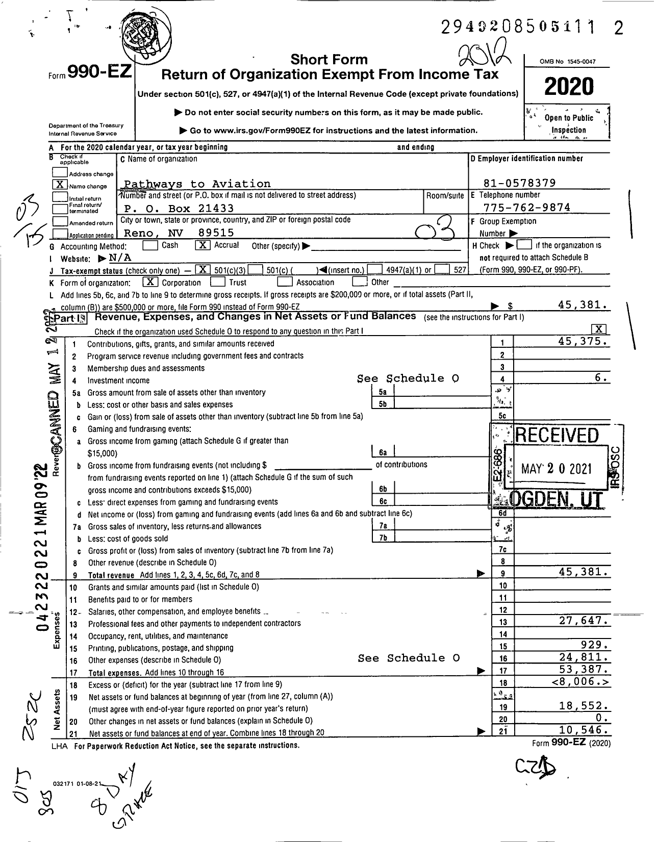 Image of first page of 2020 Form 990EZ for Pathways to Aviation