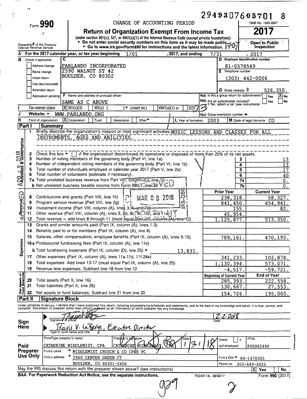 Image of first page of 2016 Form 990 for Parlando Incorporated