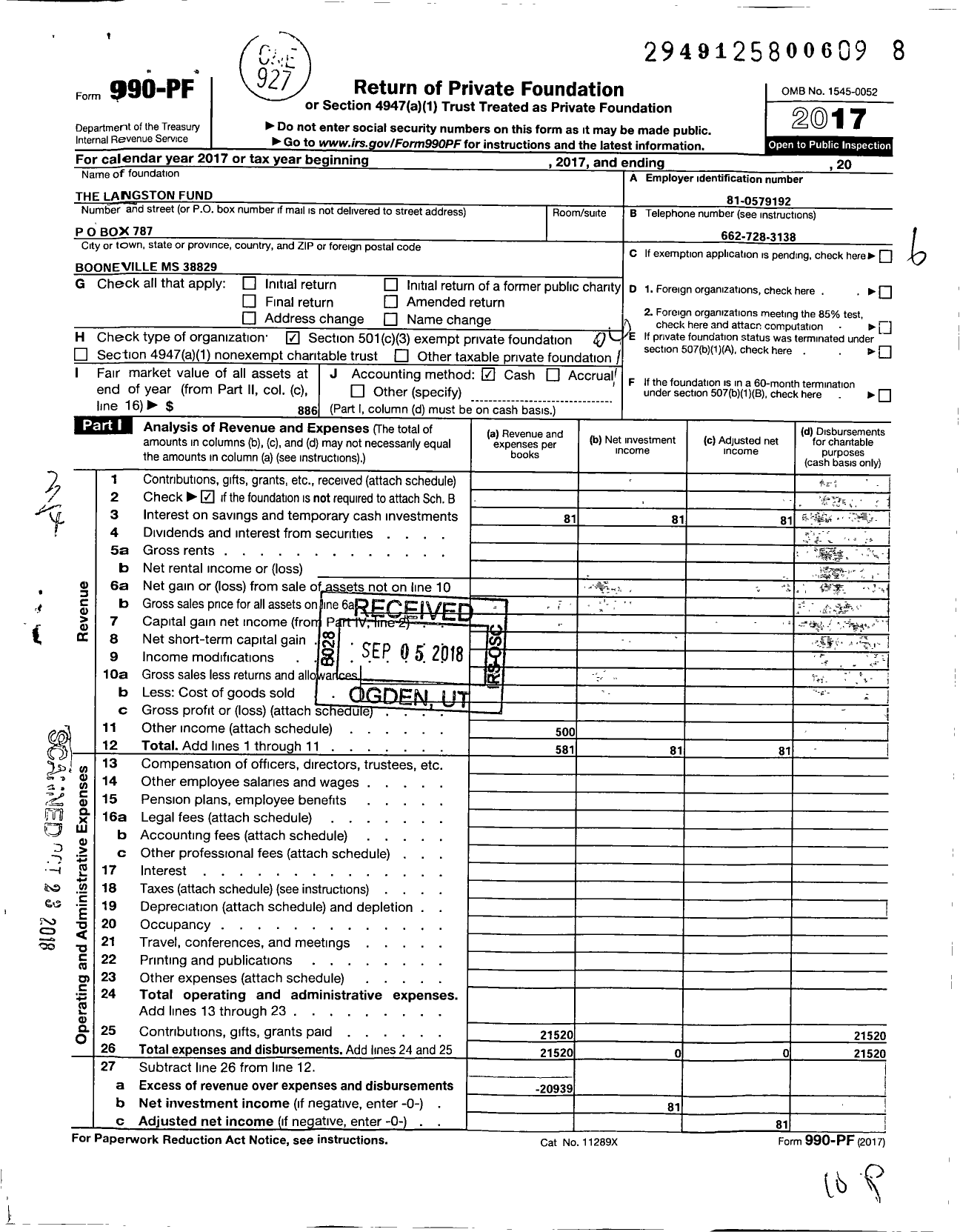 Image of first page of 2017 Form 990PF for Langston Fund