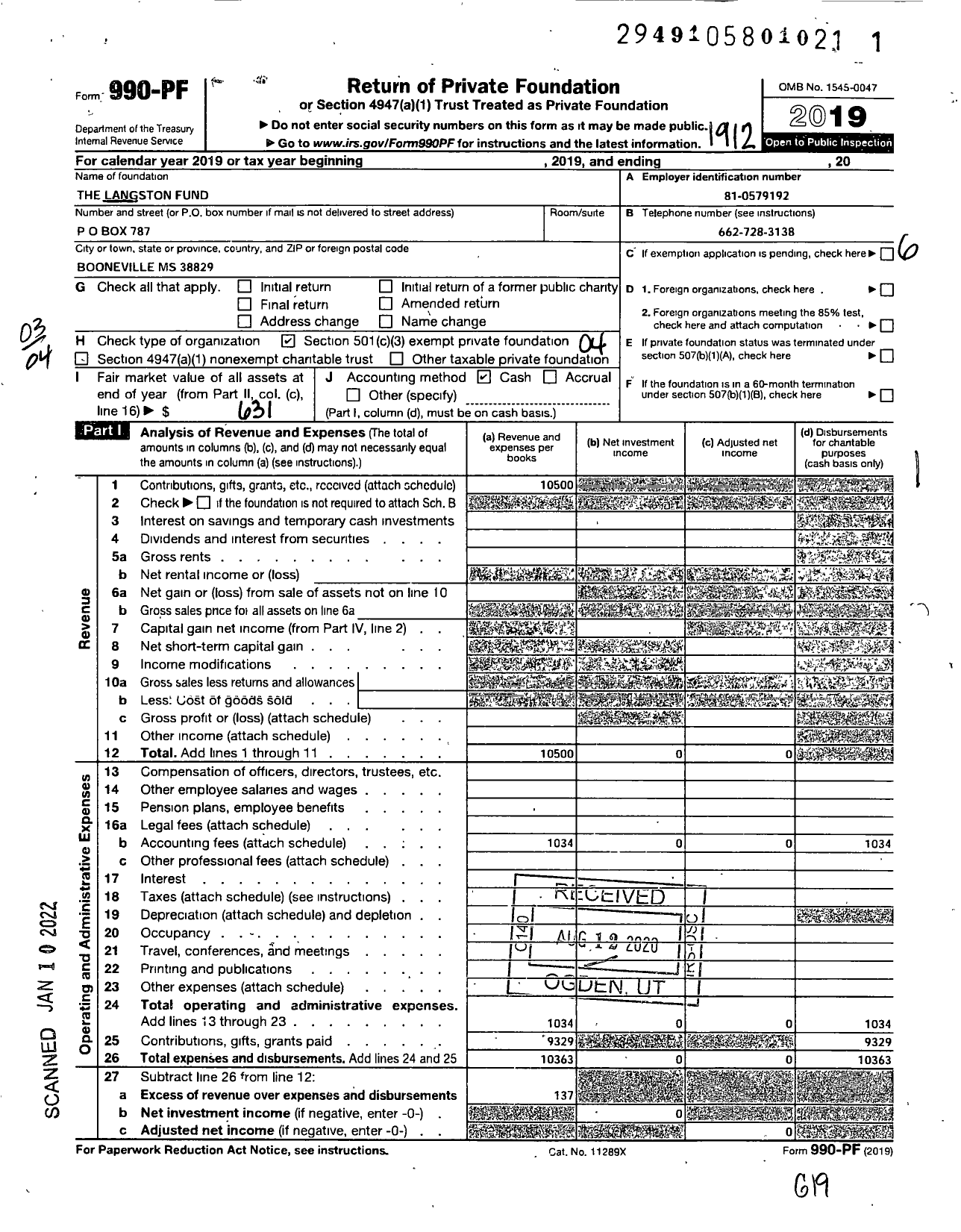 Image of first page of 2019 Form 990PF for Langston Fund