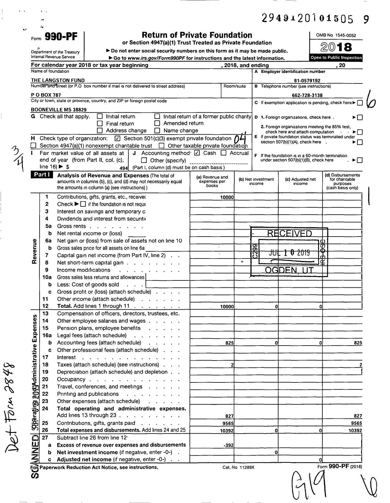 Image of first page of 2018 Form 990PF for Langston Fund