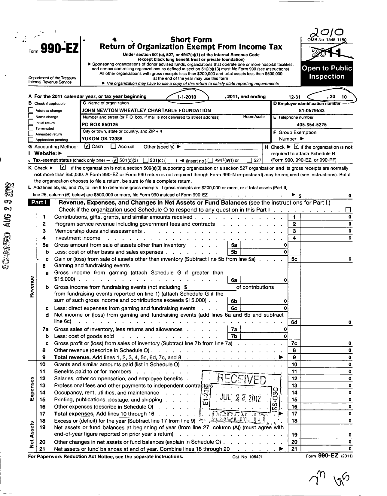 Image of first page of 2010 Form 990EZ for John Newton Wheatley Charitable Foundation