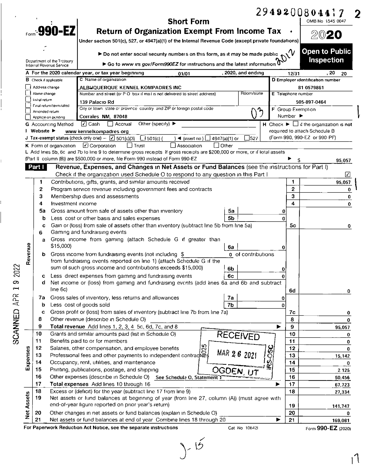 Image of first page of 2020 Form 990EZ for Albuquerque Kennel Kompadres