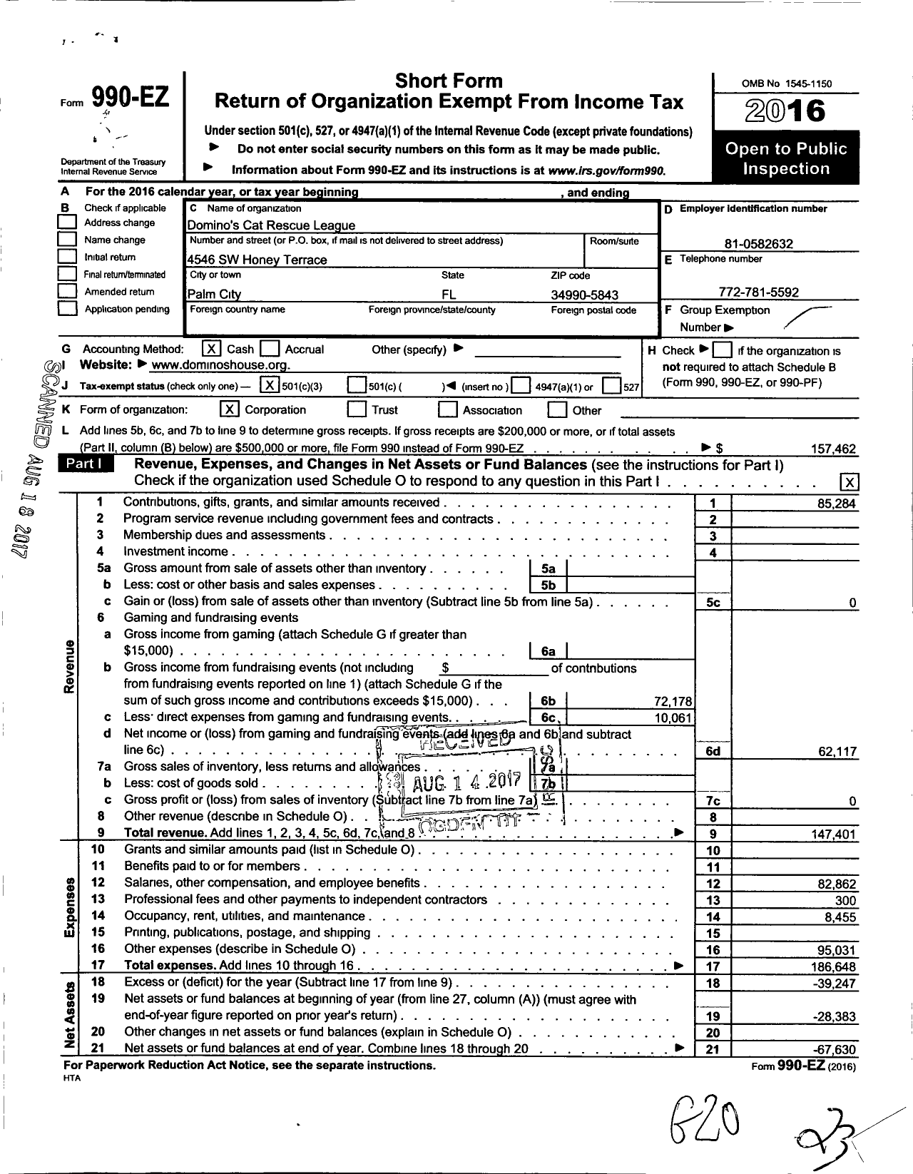 Image of first page of 2016 Form 990EZ for Domino's Cat Rescue League