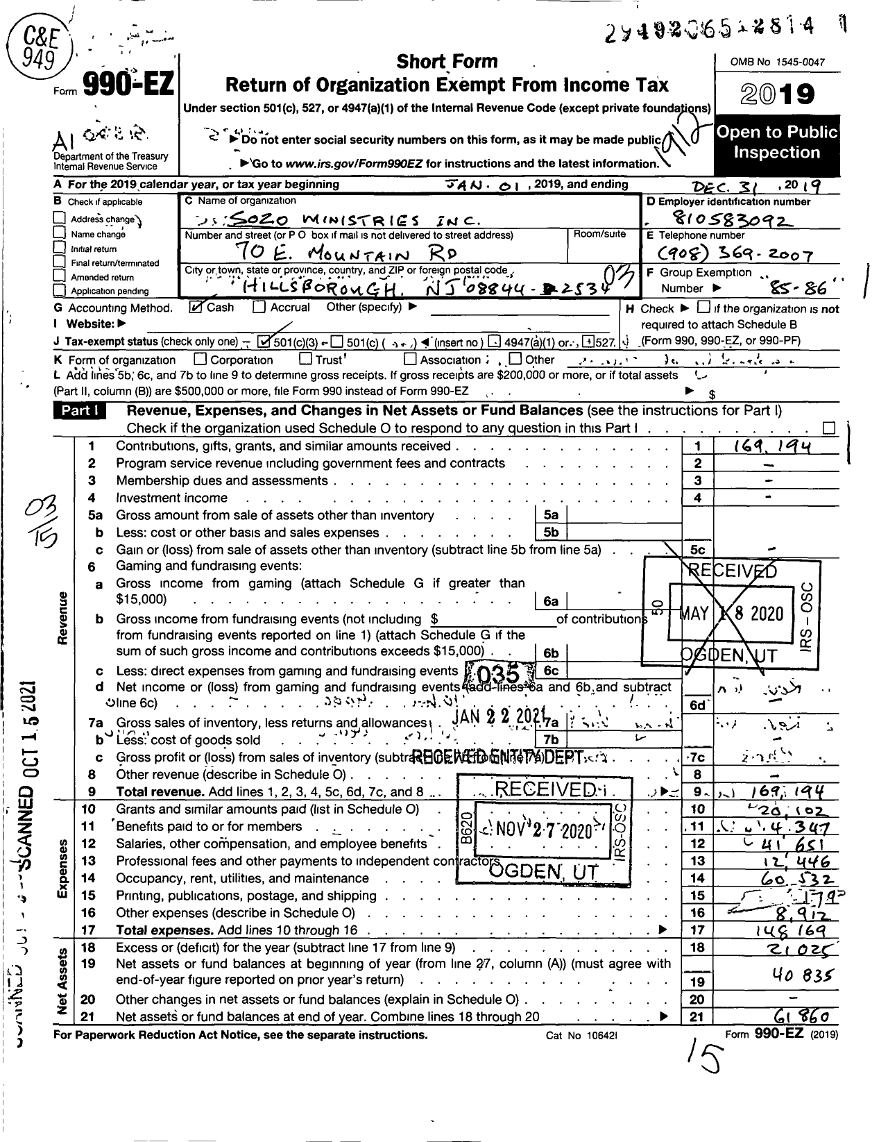 Image of first page of 2019 Form 990EZ for Sozo Ministries