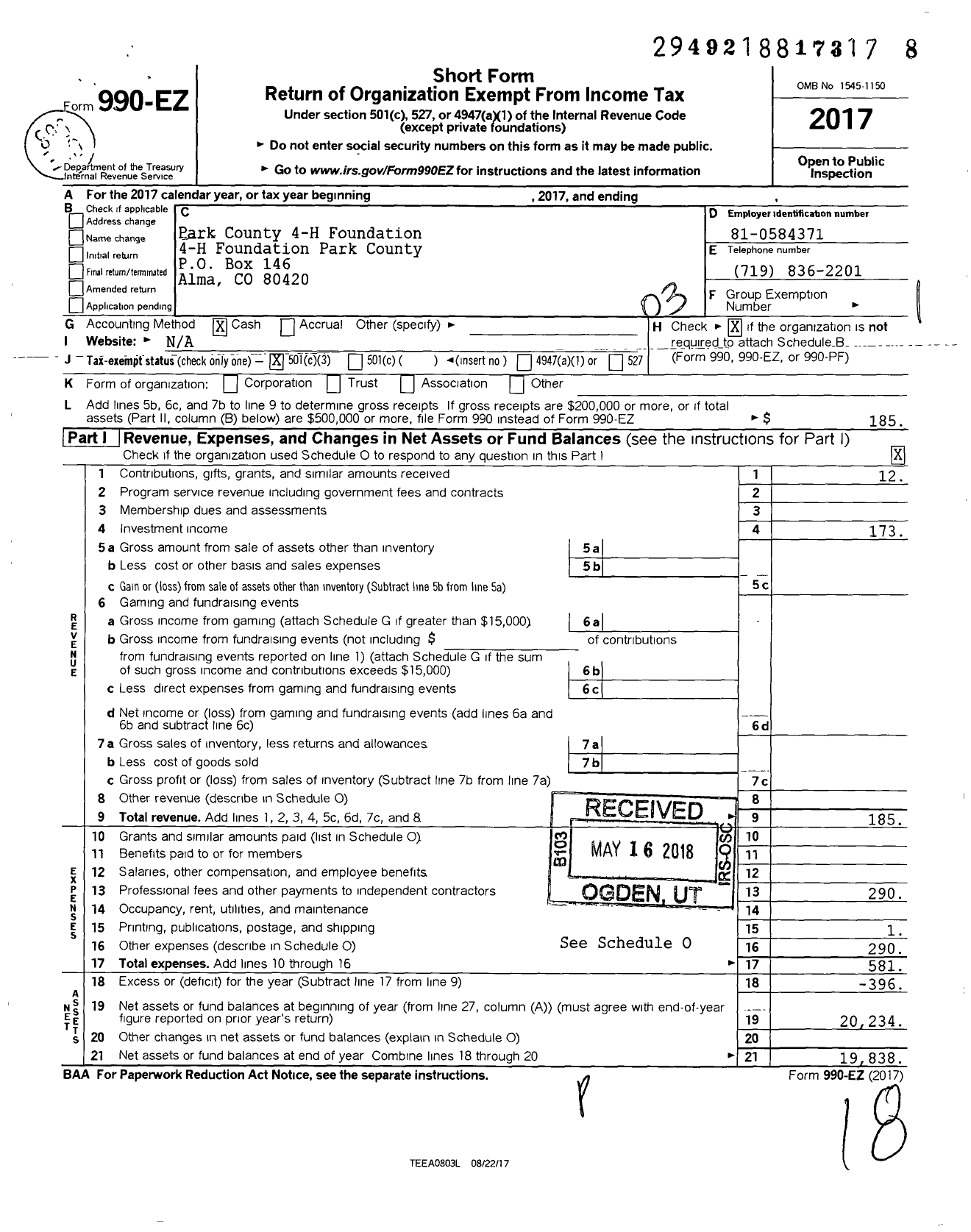 Image of first page of 2017 Form 990EZ for Park County 4H Foundation