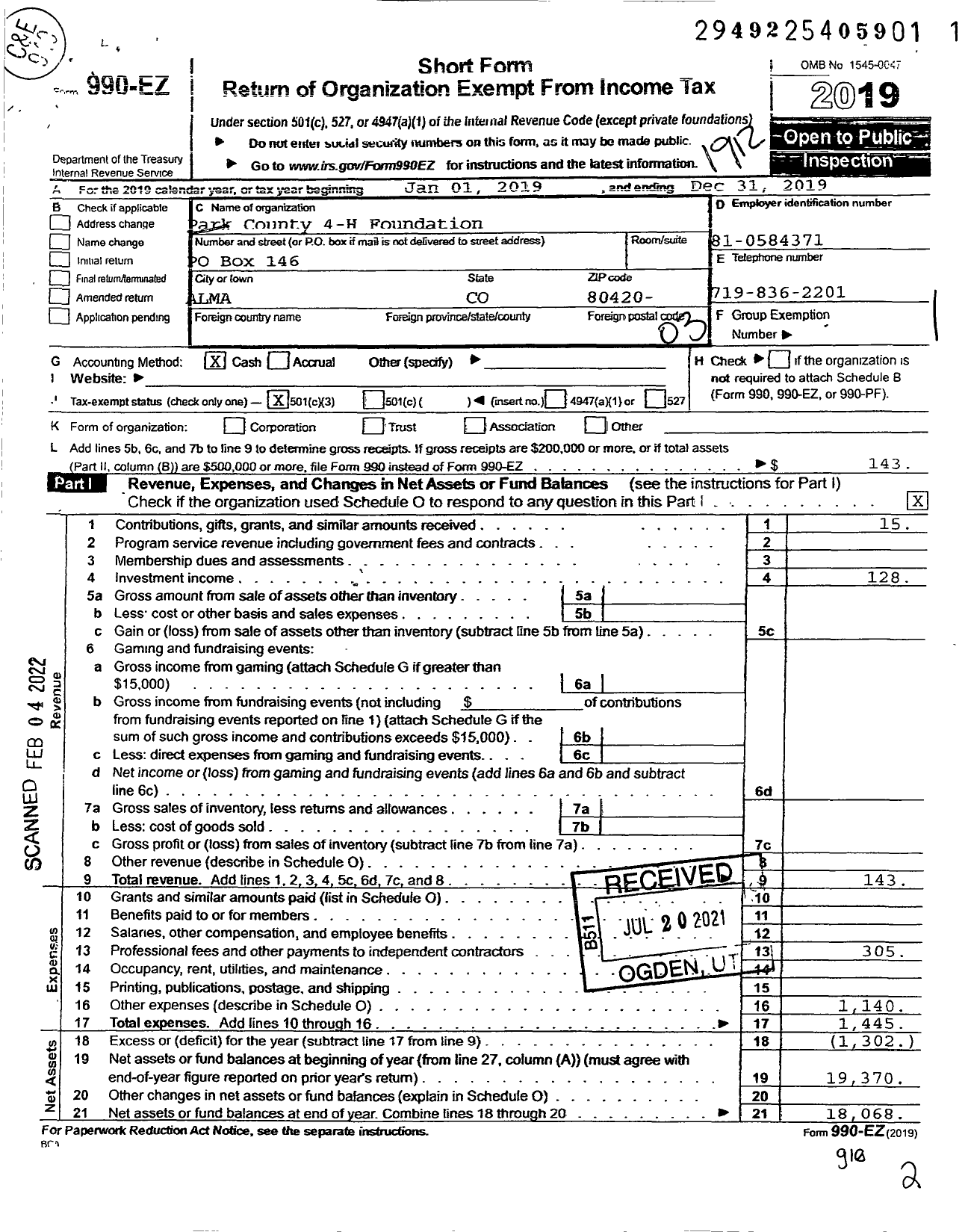 Image of first page of 2019 Form 990EZ for Park County 4H Foundation