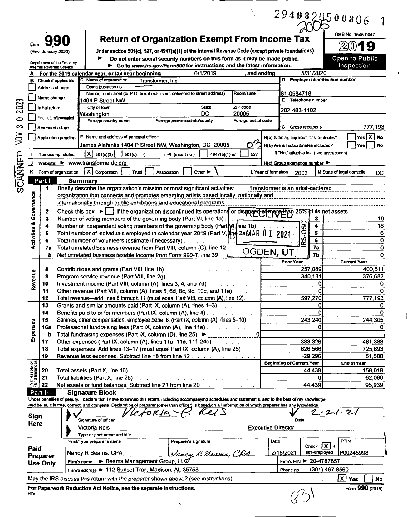 Image of first page of 2019 Form 990 for Transformer