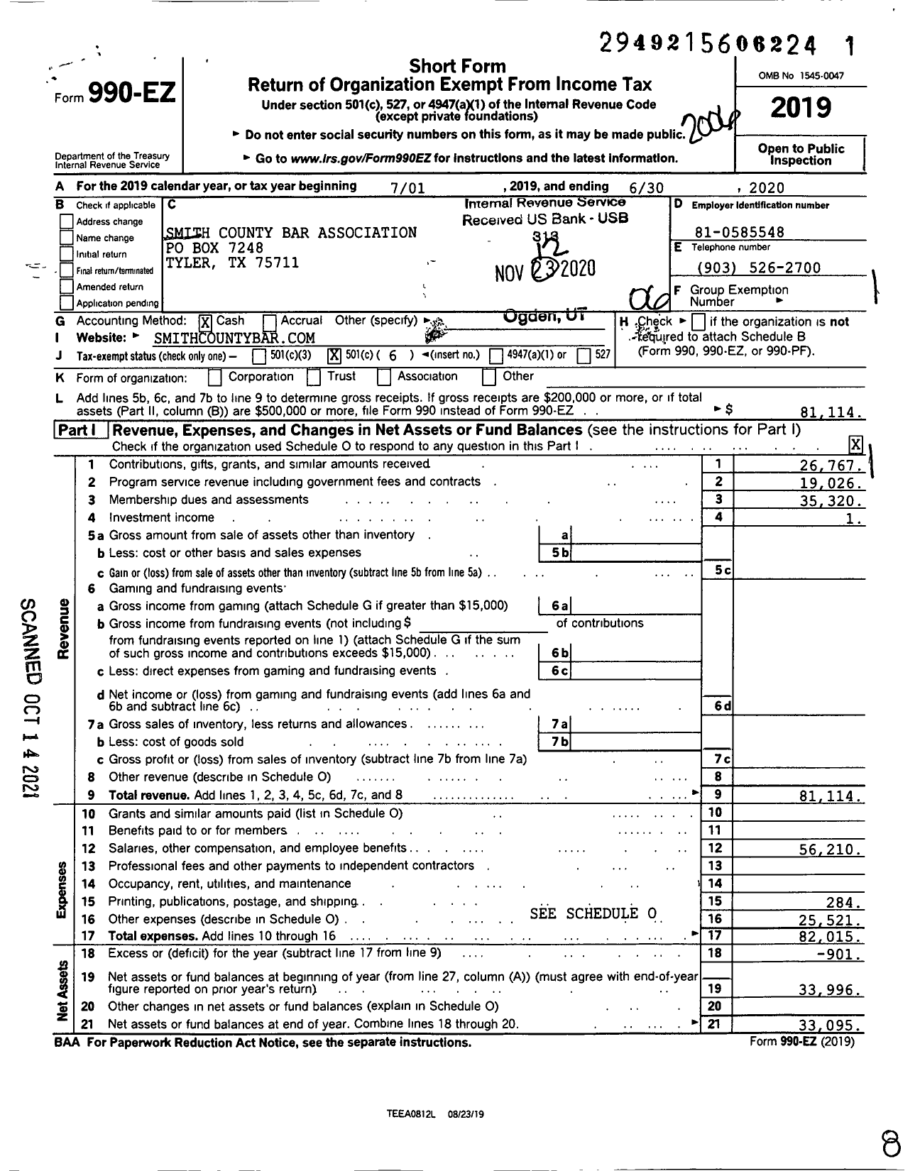 Image of first page of 2019 Form 990EO for Smith County Bar Association