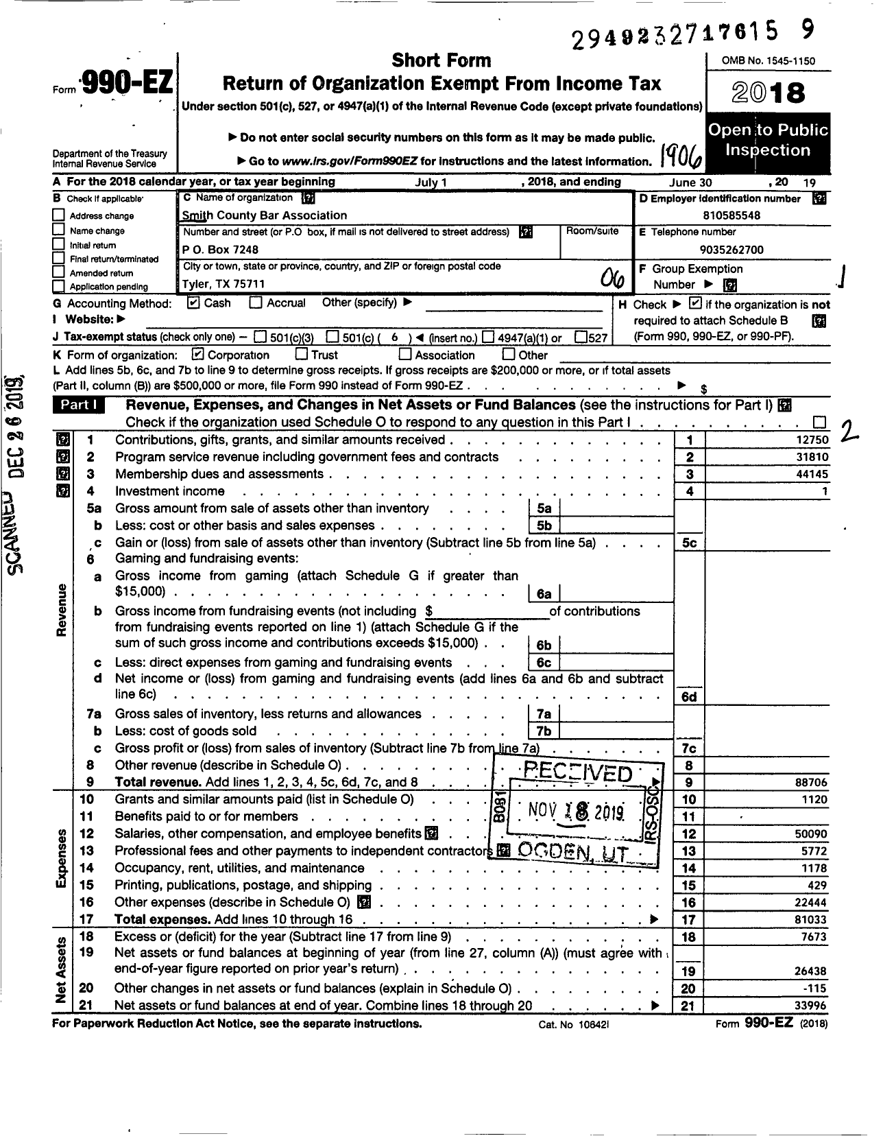 Image of first page of 2018 Form 990EO for Smith County Bar Association