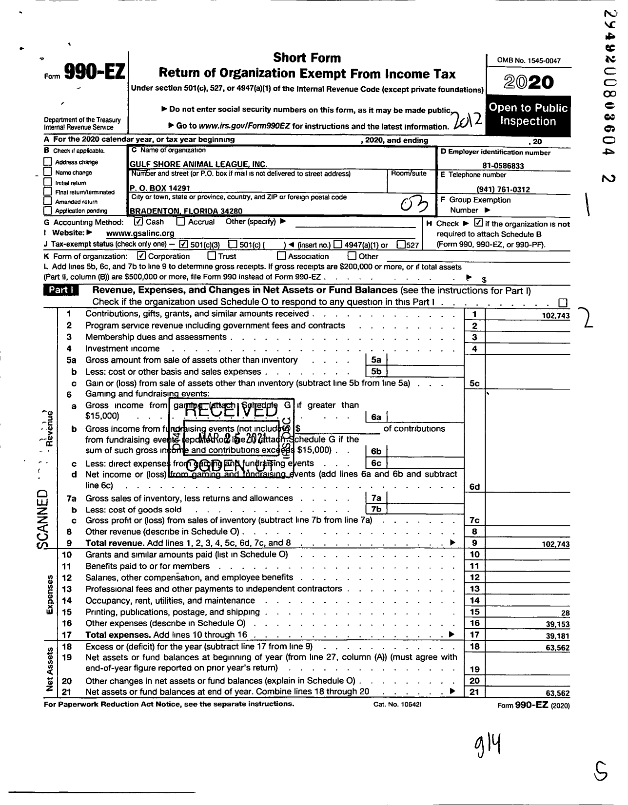 Image of first page of 2020 Form 990EZ for Gulf Shore Animal League