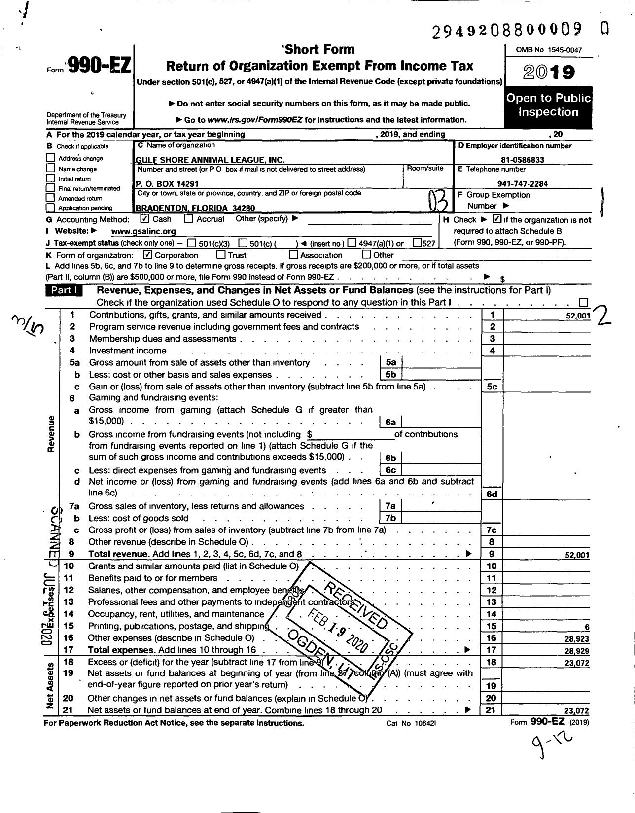 Image of first page of 2019 Form 990EZ for Gulf Shore Animal League