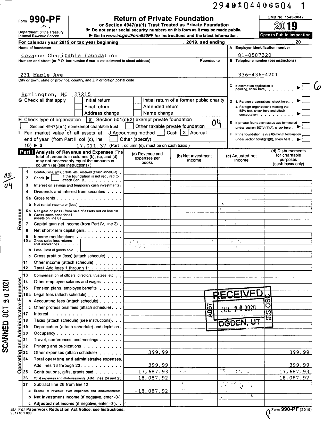 Image of first page of 2019 Form 990PF for The Labcorp Charitable Foundation