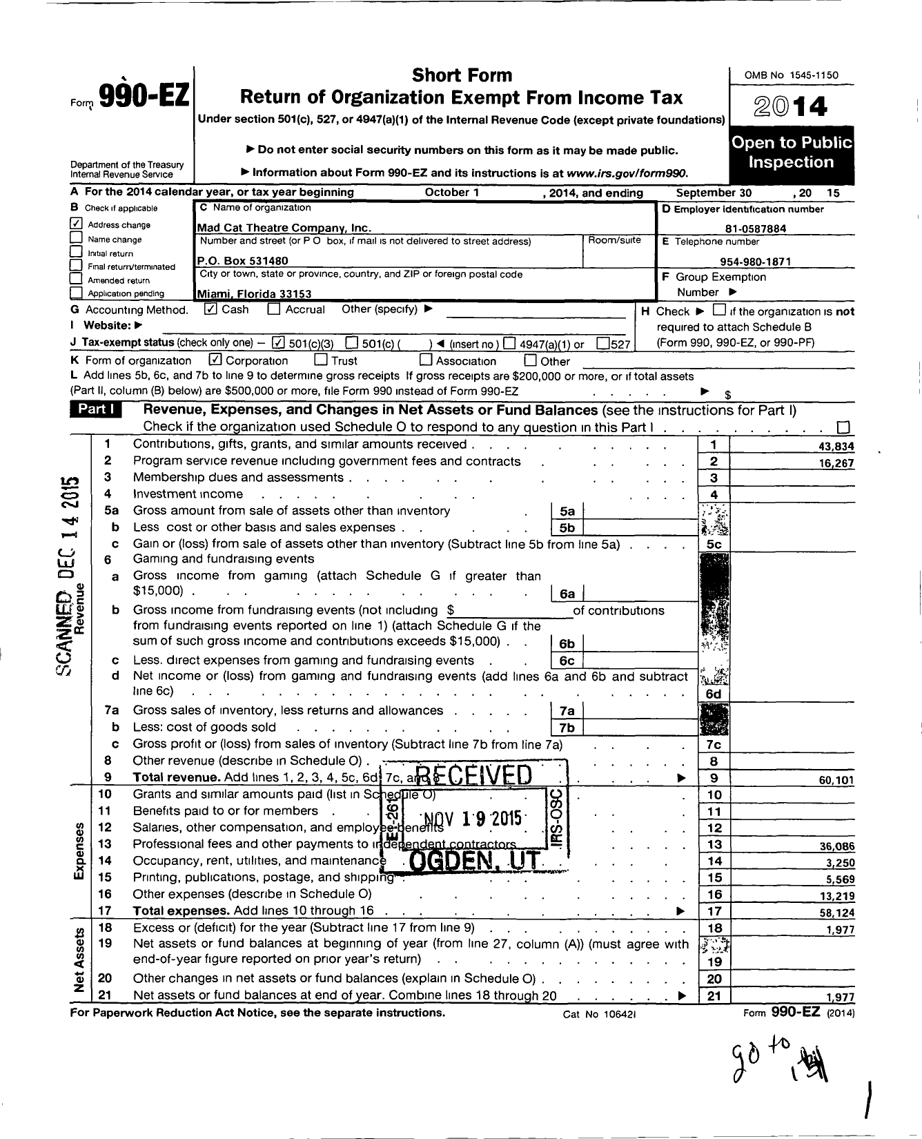 Image of first page of 2014 Form 990EZ for Mad Cat Theatre Company