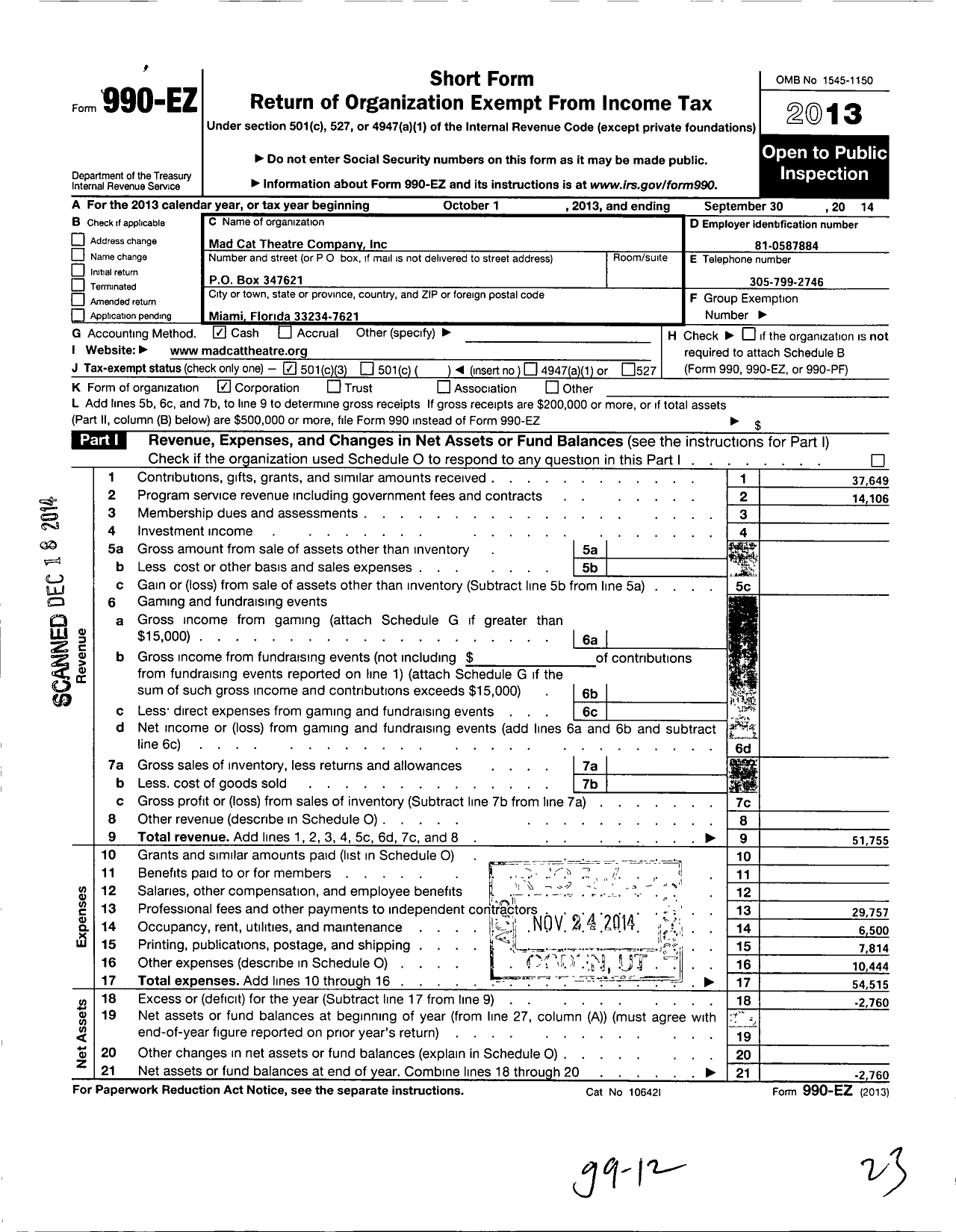 Image of first page of 2013 Form 990EZ for Mad Cat Theatre Company