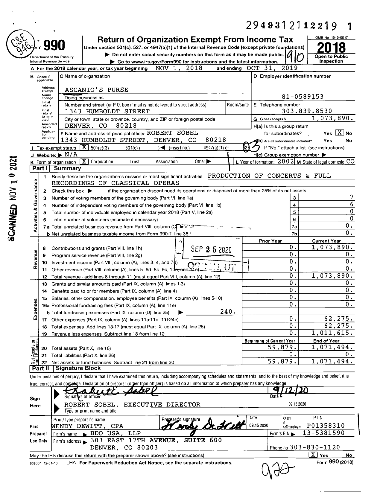 Image of first page of 2018 Form 990 for Ascanio's Purse