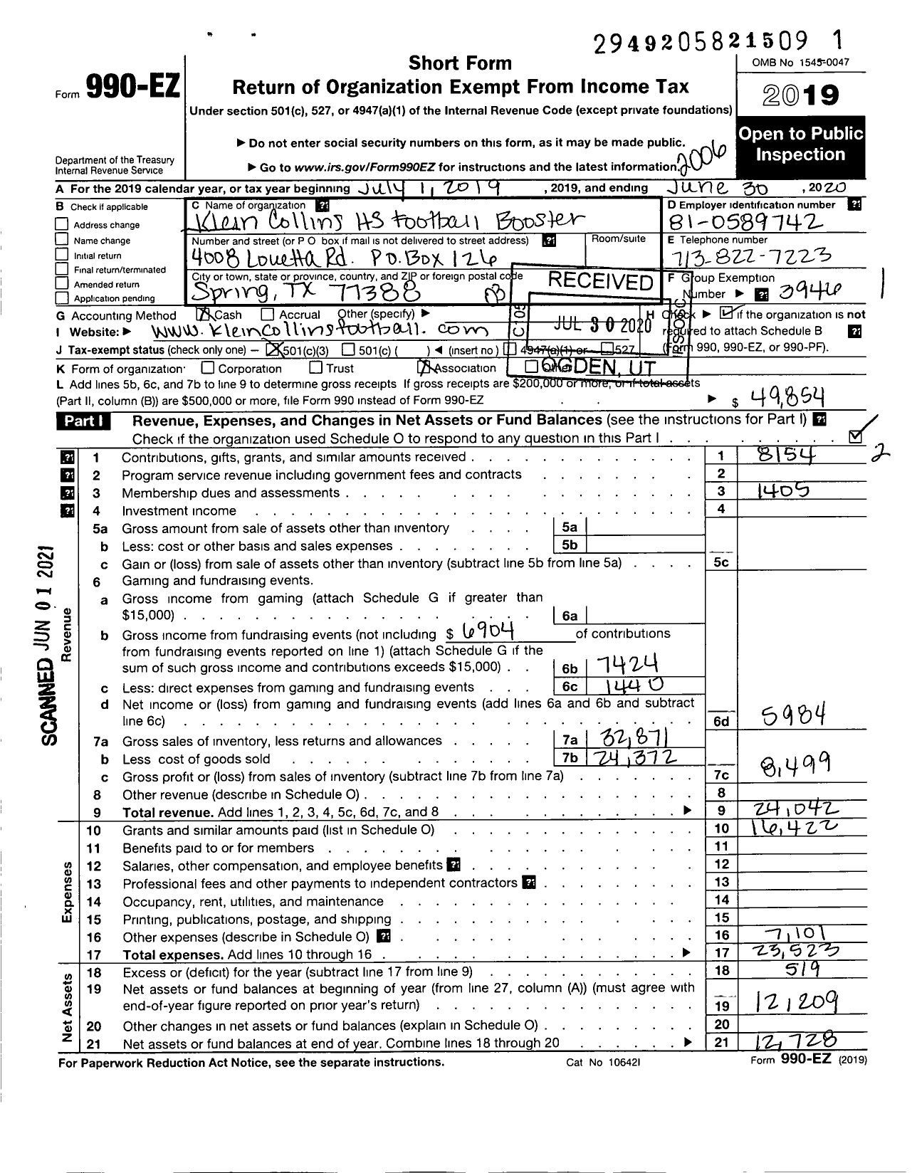 Image of first page of 2019 Form 990EZ for Klein Collins HS Football Booster Club