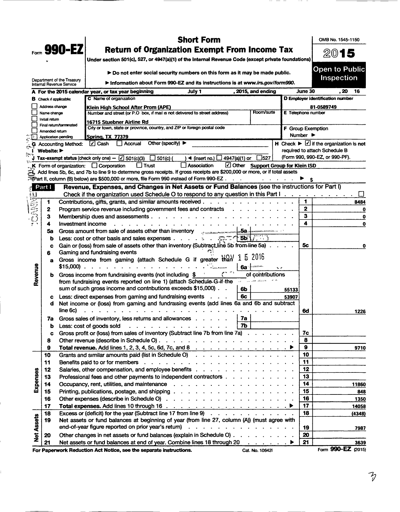 Image of first page of 2015 Form 990EZ for Klein Support Groups / Klein HS After Prom Extravaganza