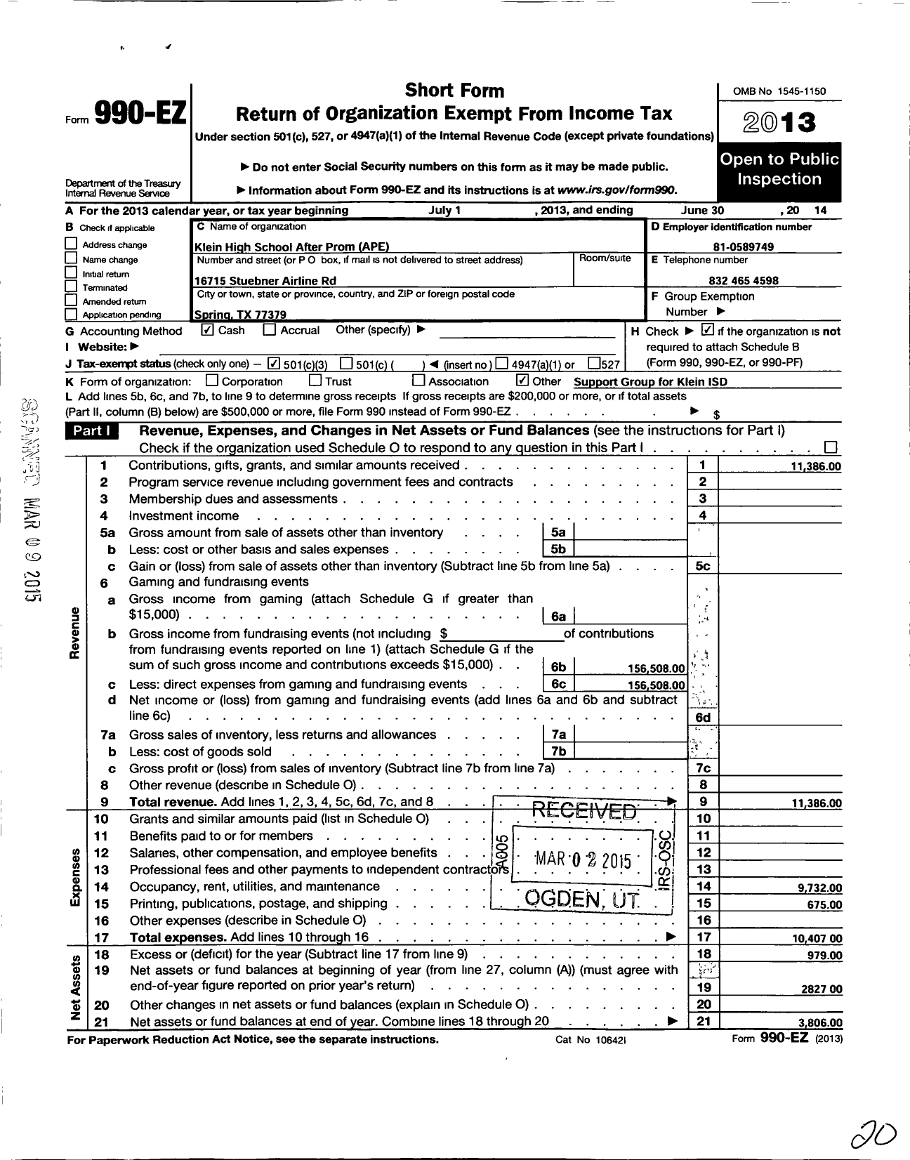 Image of first page of 2013 Form 990EZ for Klein Support Groups / Klein HS After Prom Extravaganza