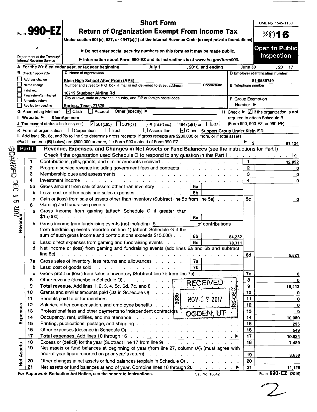 Image of first page of 2016 Form 990EZ for Klein Support Groups / Klein HS After Prom Extravaganza