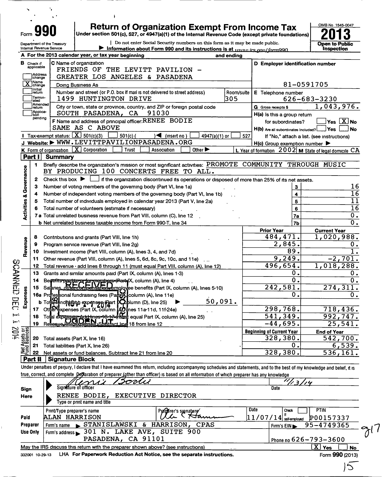 Image of first page of 2013 Form 990 for The Friends of the Levitt Pavilion - Greater Los Angeles and Pasadena