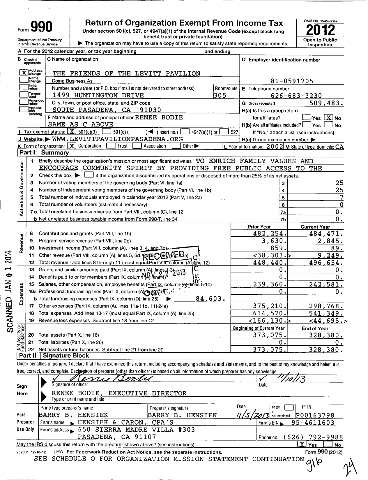 Image of first page of 2012 Form 990 for The Friends of the Levitt Pavilion - Greater Los Angeles and Pasadena