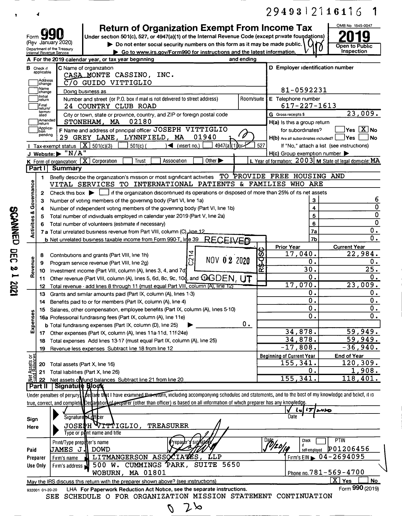 Image of first page of 2019 Form 990 for Casa Monte Cassino