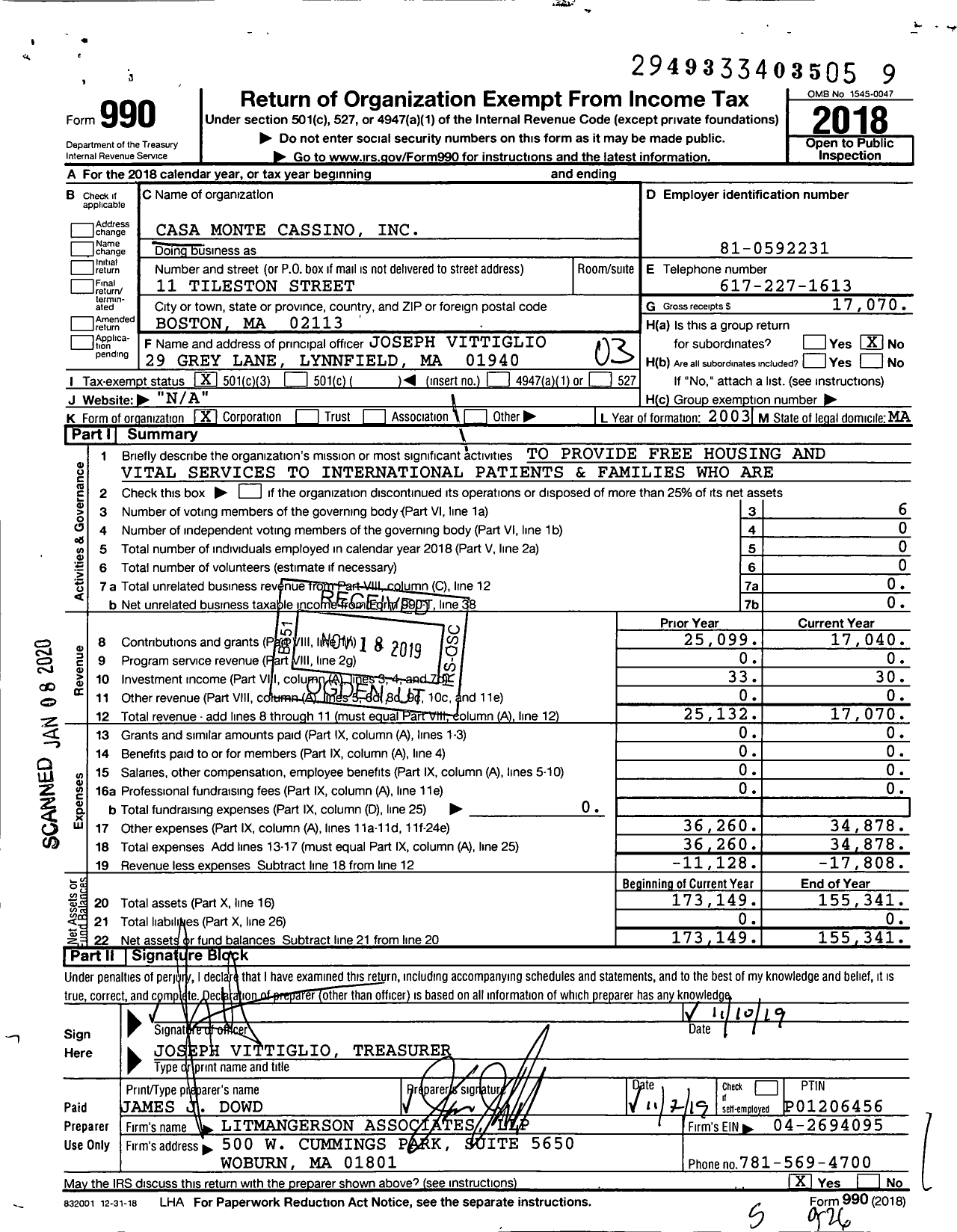 Image of first page of 2018 Form 990 for Casa Monte Cassino