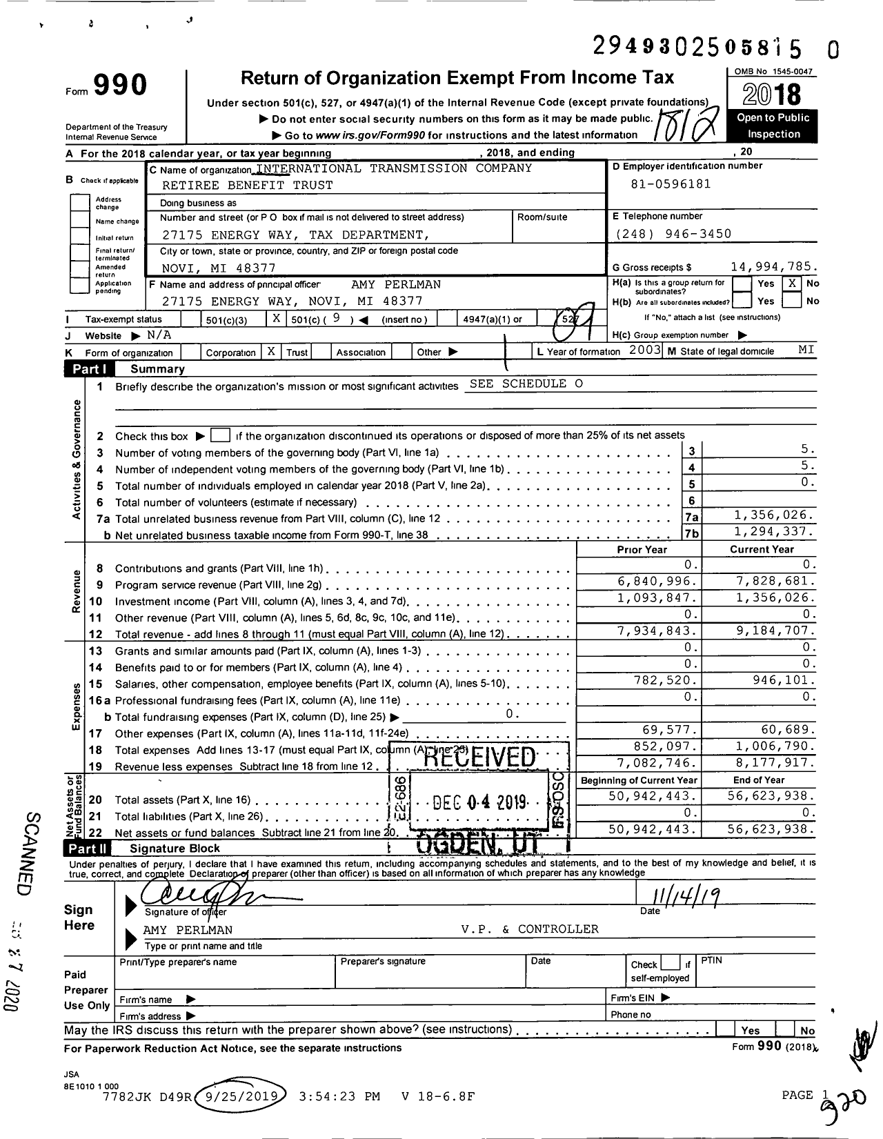 Image of first page of 2018 Form 990O for International Transmission Company Retireee Benefit Trust