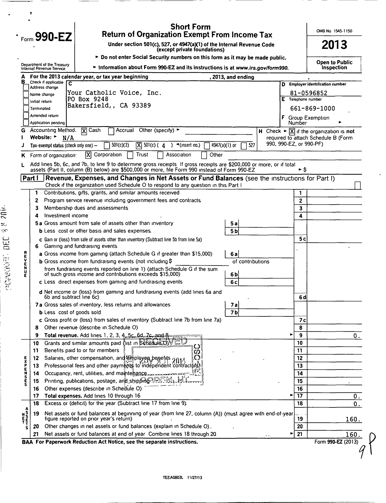Image of first page of 2013 Form 990EO for Your Catholic Voice