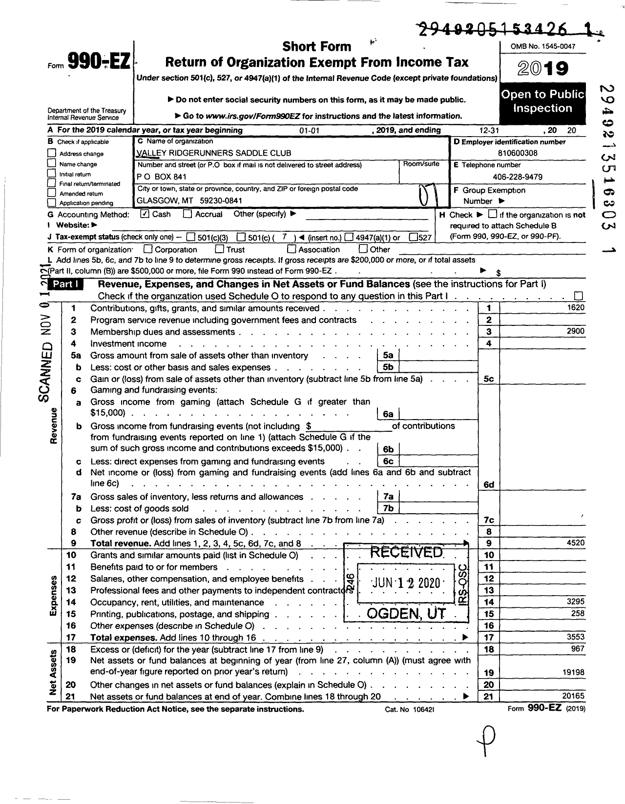 Image of first page of 2019 Form 990EO for Valley Ridge Runners Saddle Club