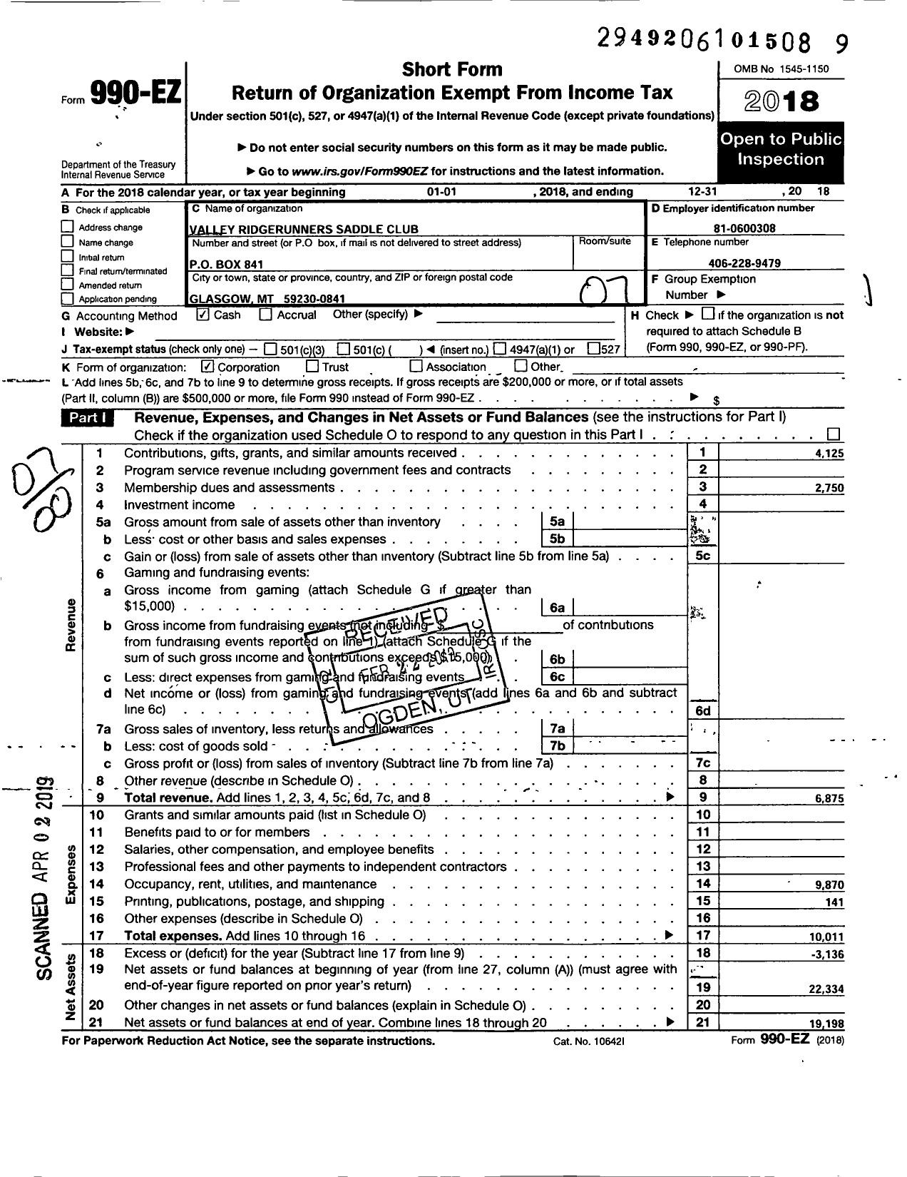 Image of first page of 2018 Form 990EO for Valley Ridge Runners Saddle Club