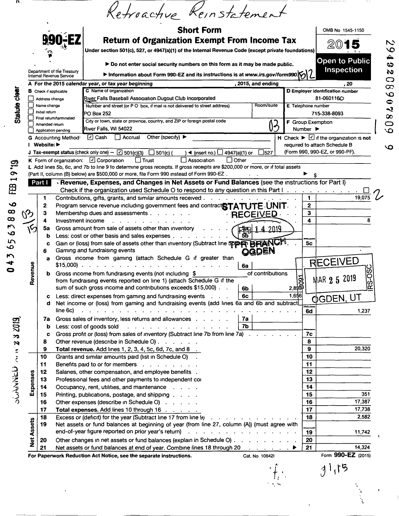 Image of first page of 2015 Form 990EZ for River Falls Baseball Association Dugout Club