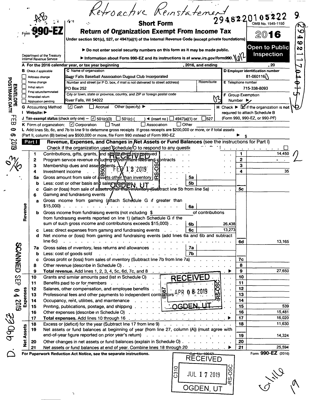 Image of first page of 2016 Form 990EZ for River Falls Baseball Association Dugout Club