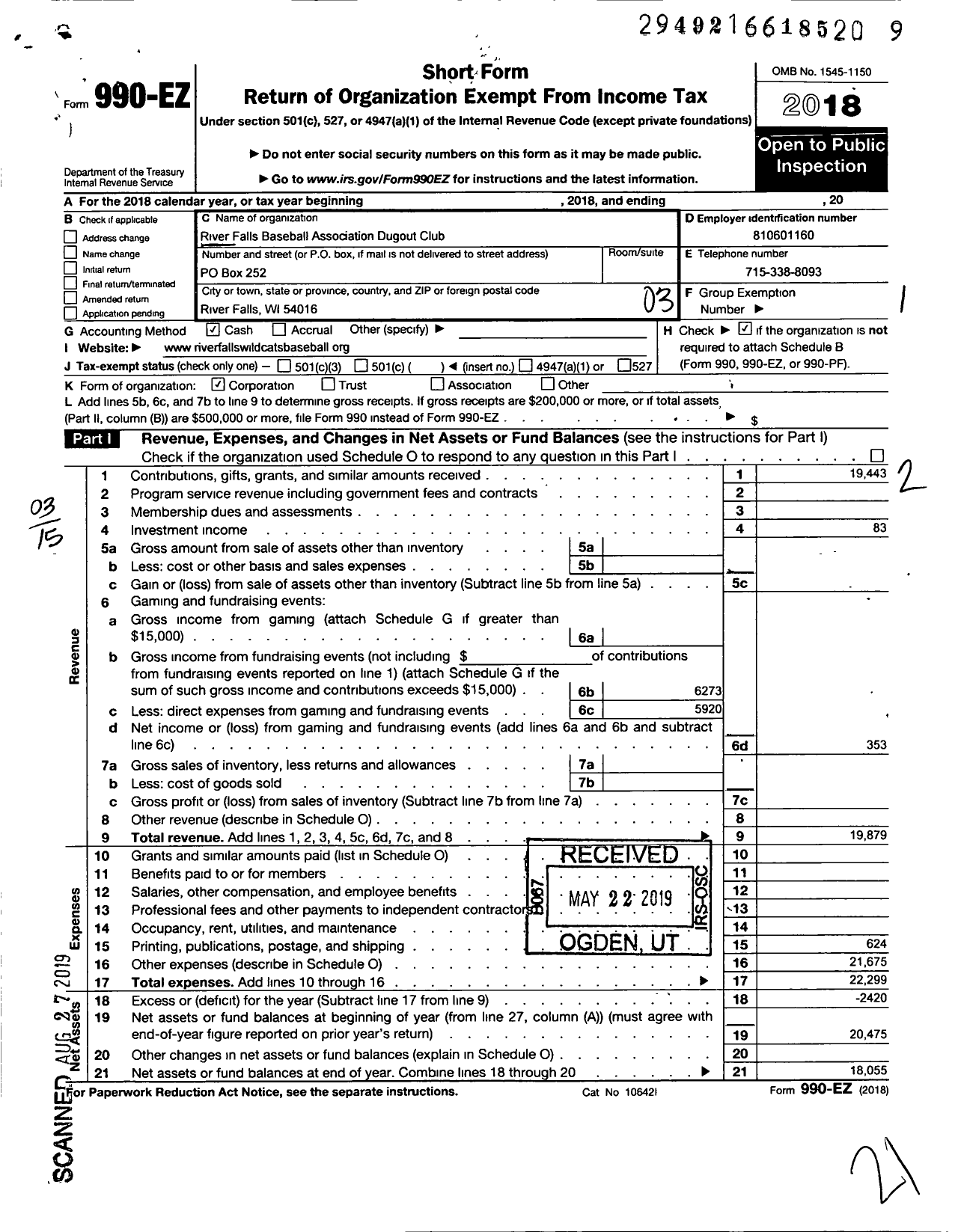 Image of first page of 2018 Form 990EZ for River Falls Baseball Association Dugout Club