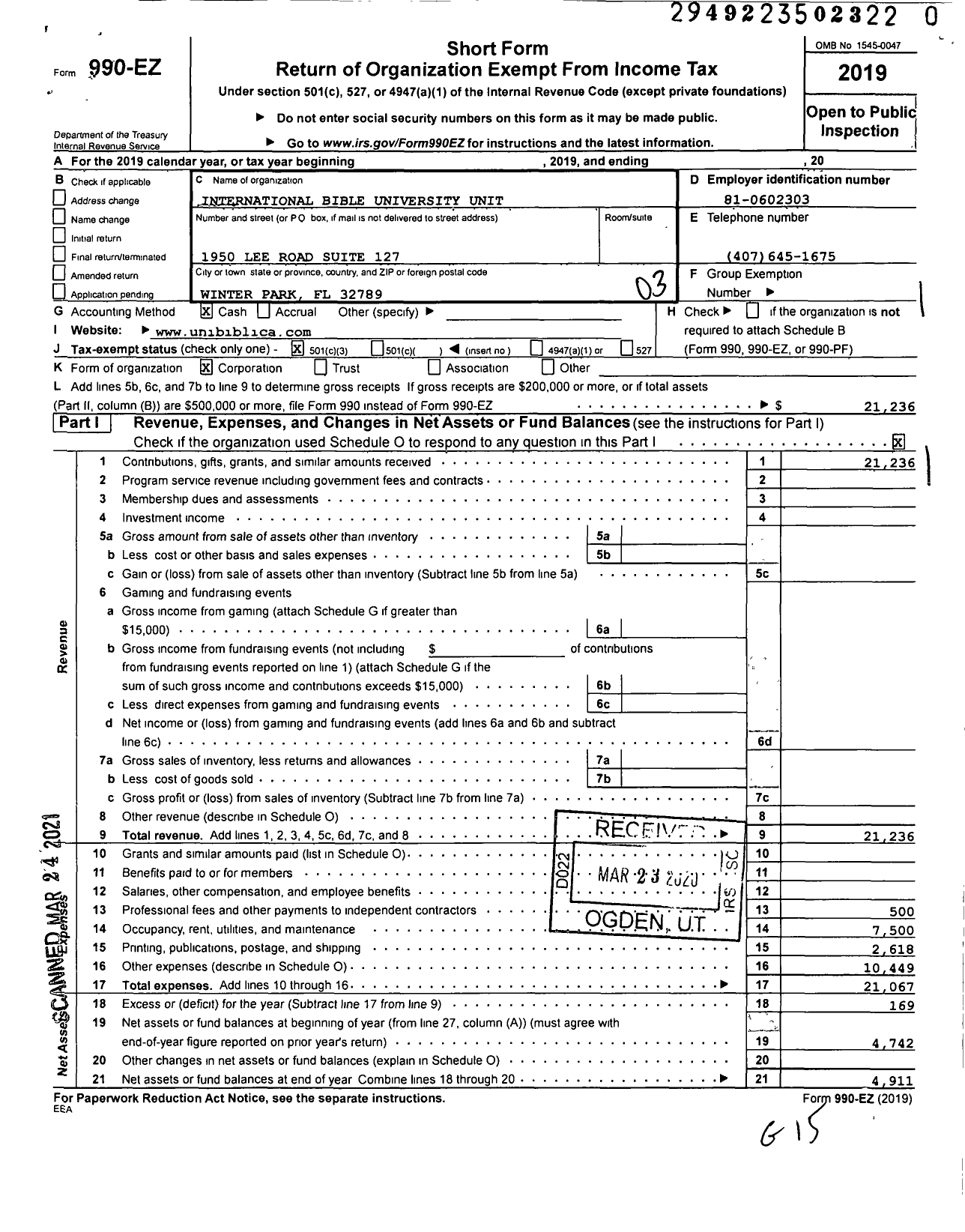 Image of first page of 2019 Form 990EZ for International Bible University United