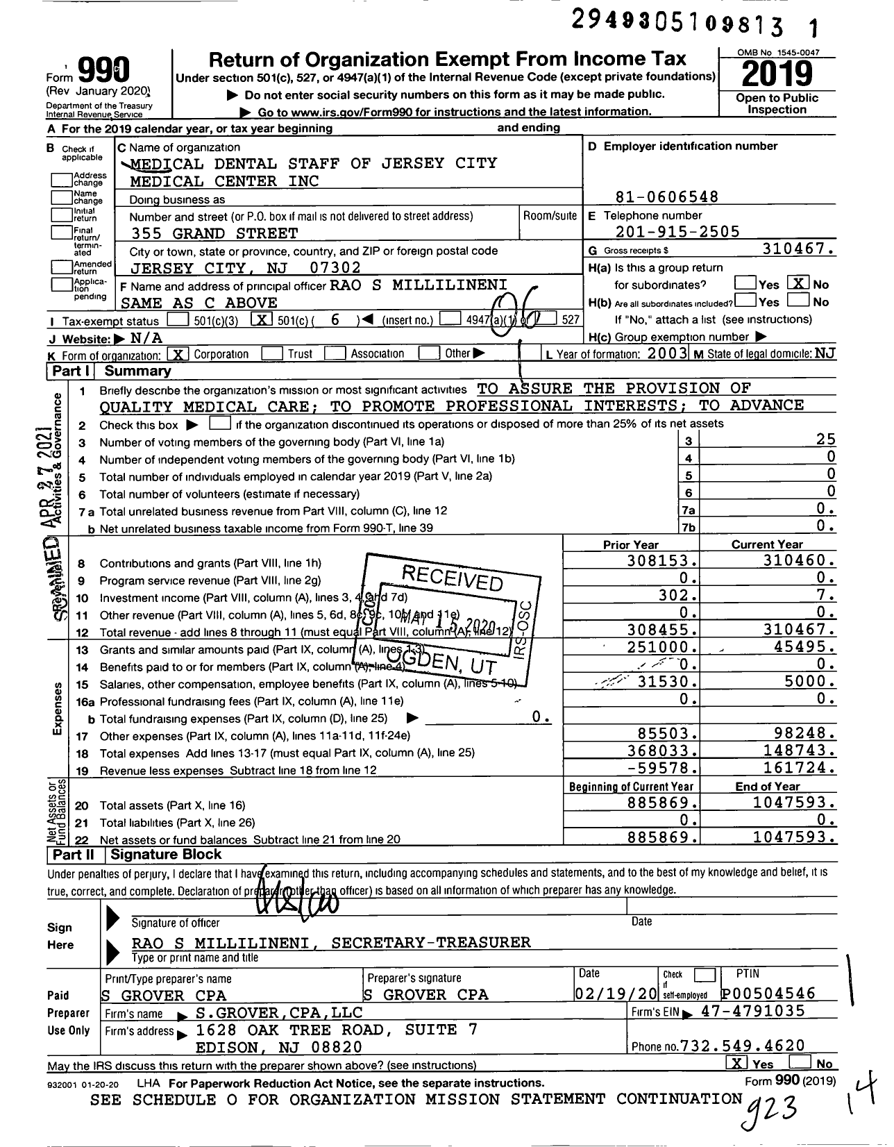 Image of first page of 2019 Form 990O for Medical Dental Staff of Jersey City Medical Center