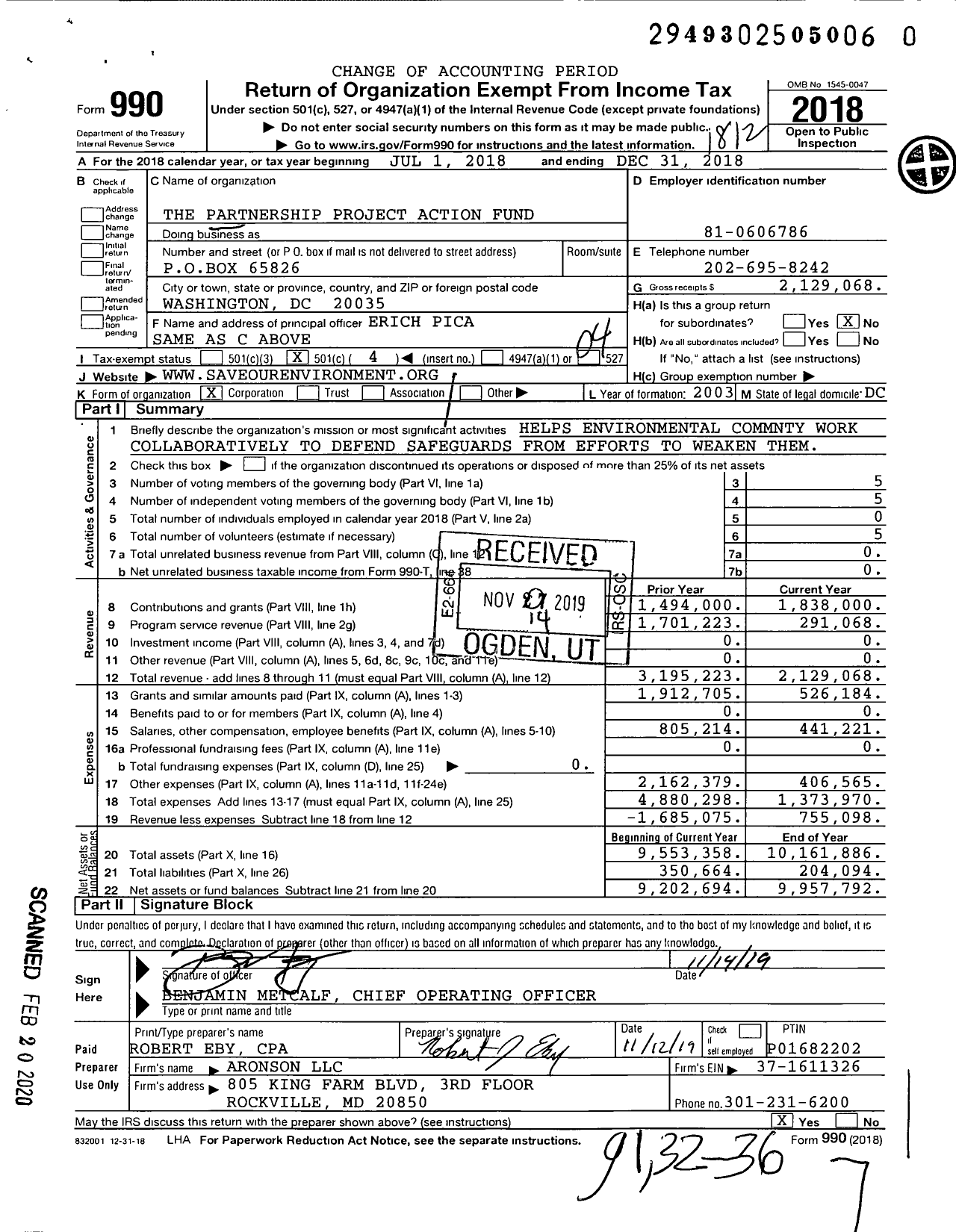 Image of first page of 2018 Form 990O for Partnership Project Action Fund