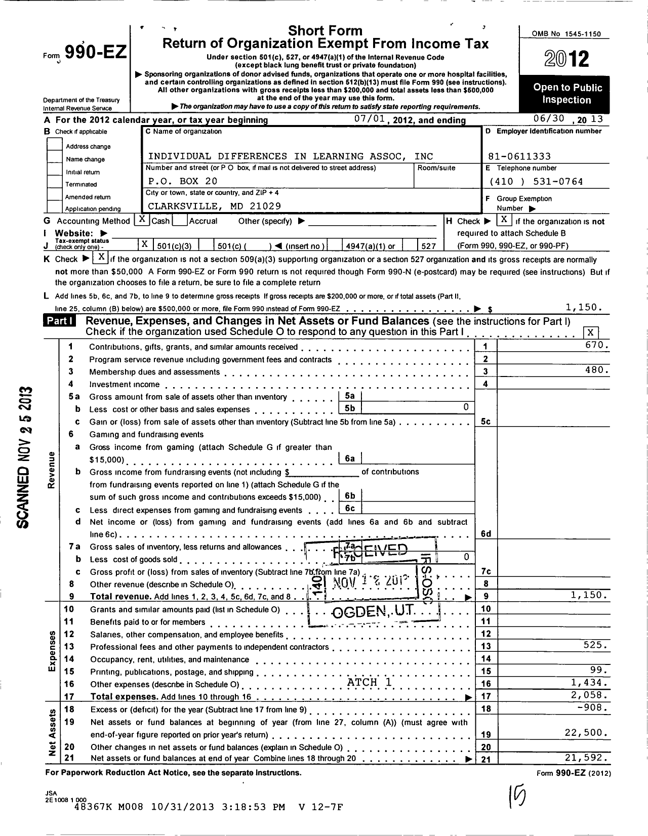 Image of first page of 2012 Form 990EZ for Individual Differences in Learning Association