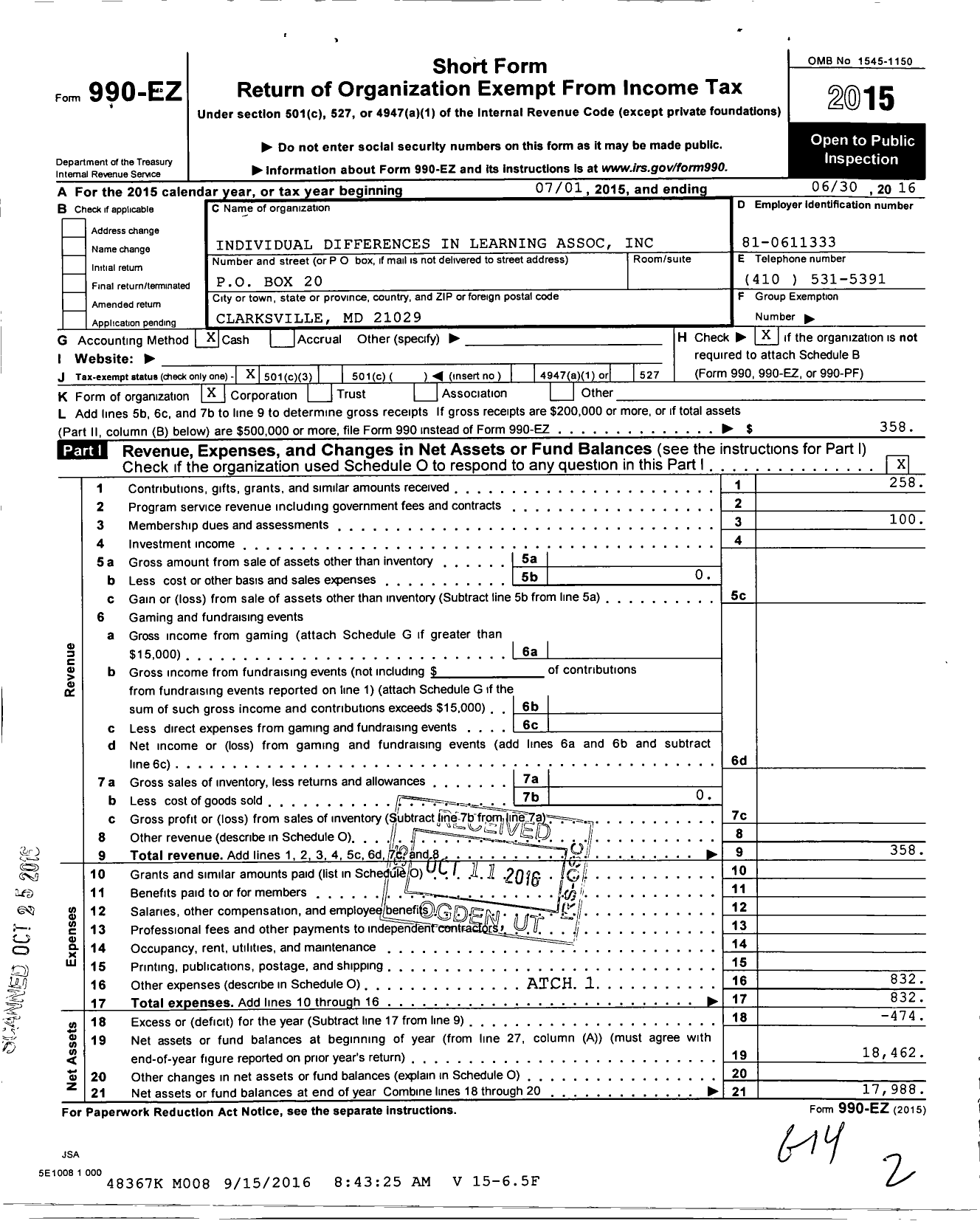 Image of first page of 2015 Form 990EZ for Individual Differences in Learning Association