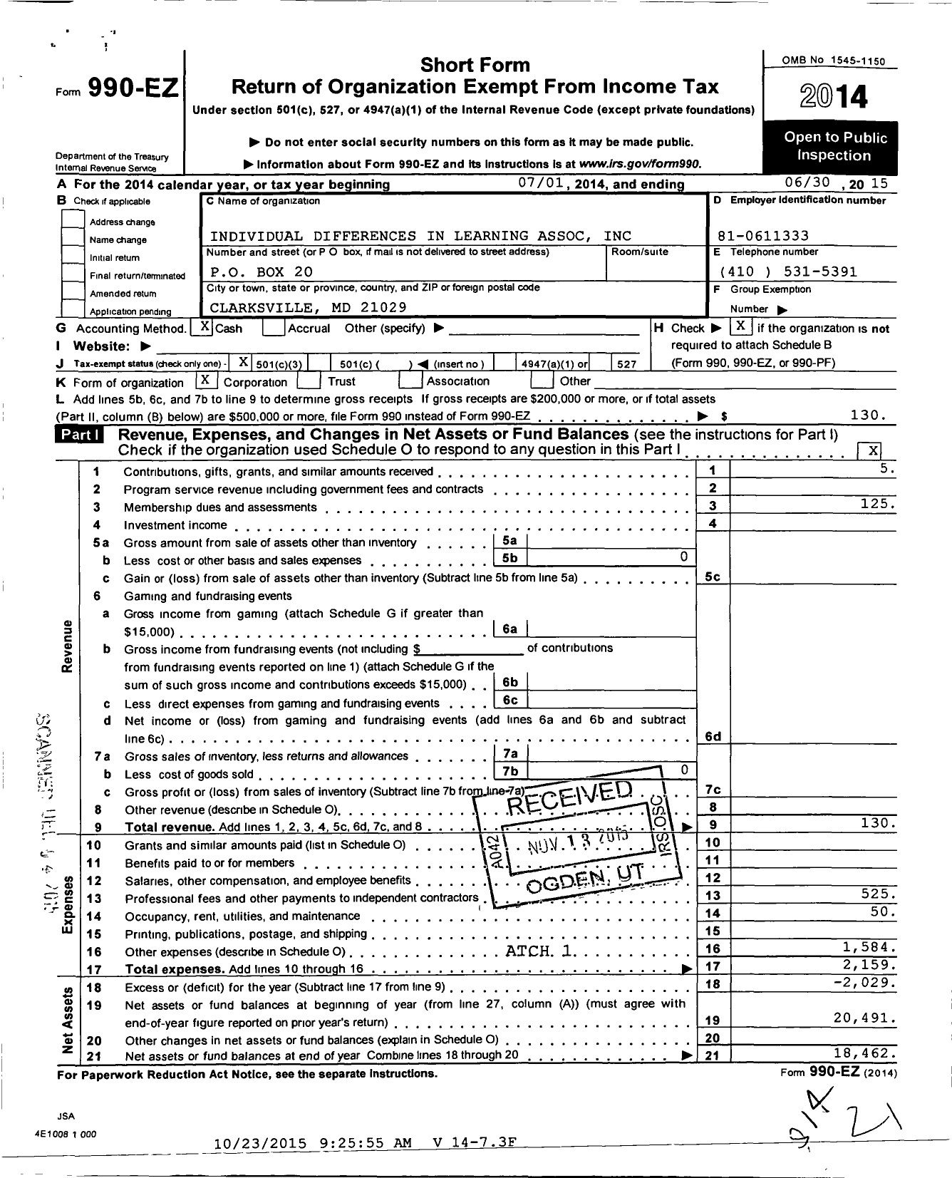 Image of first page of 2014 Form 990EZ for Individual Differences in Learning Association