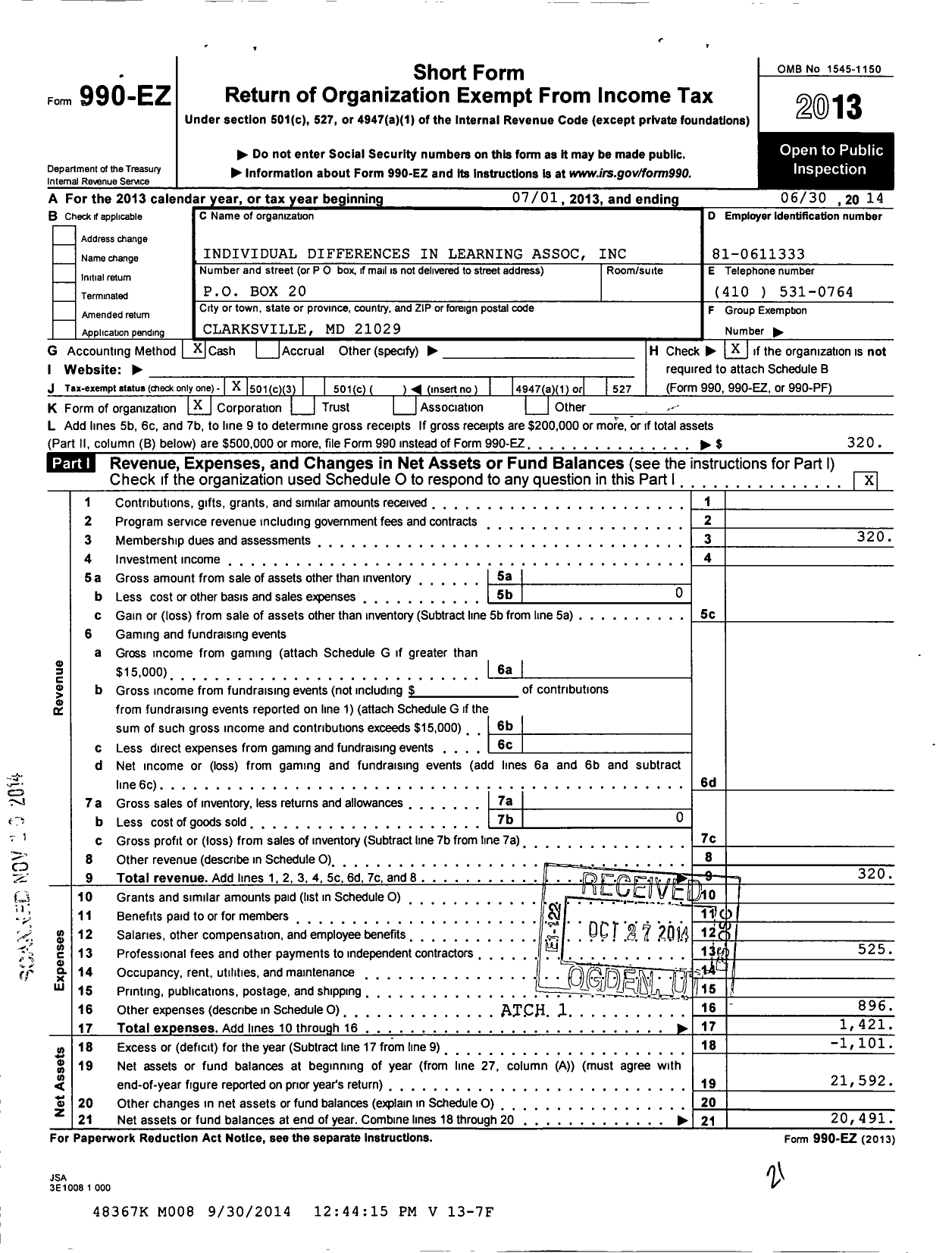 Image of first page of 2013 Form 990EZ for Individual Differences in Learning Association